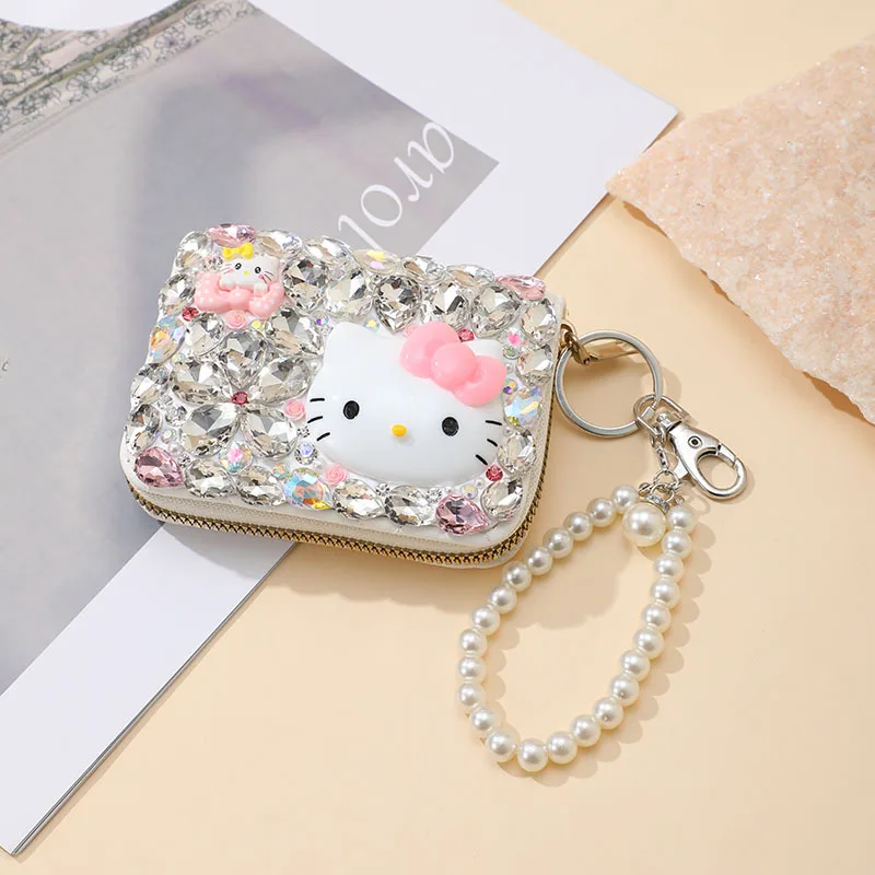 KT Cat Wallet Cartoon Cute Figure PU Diamond Multi Functional Multi Slot Card Bag Coin Pearl Hanging Girl Birthday Gift Commuter