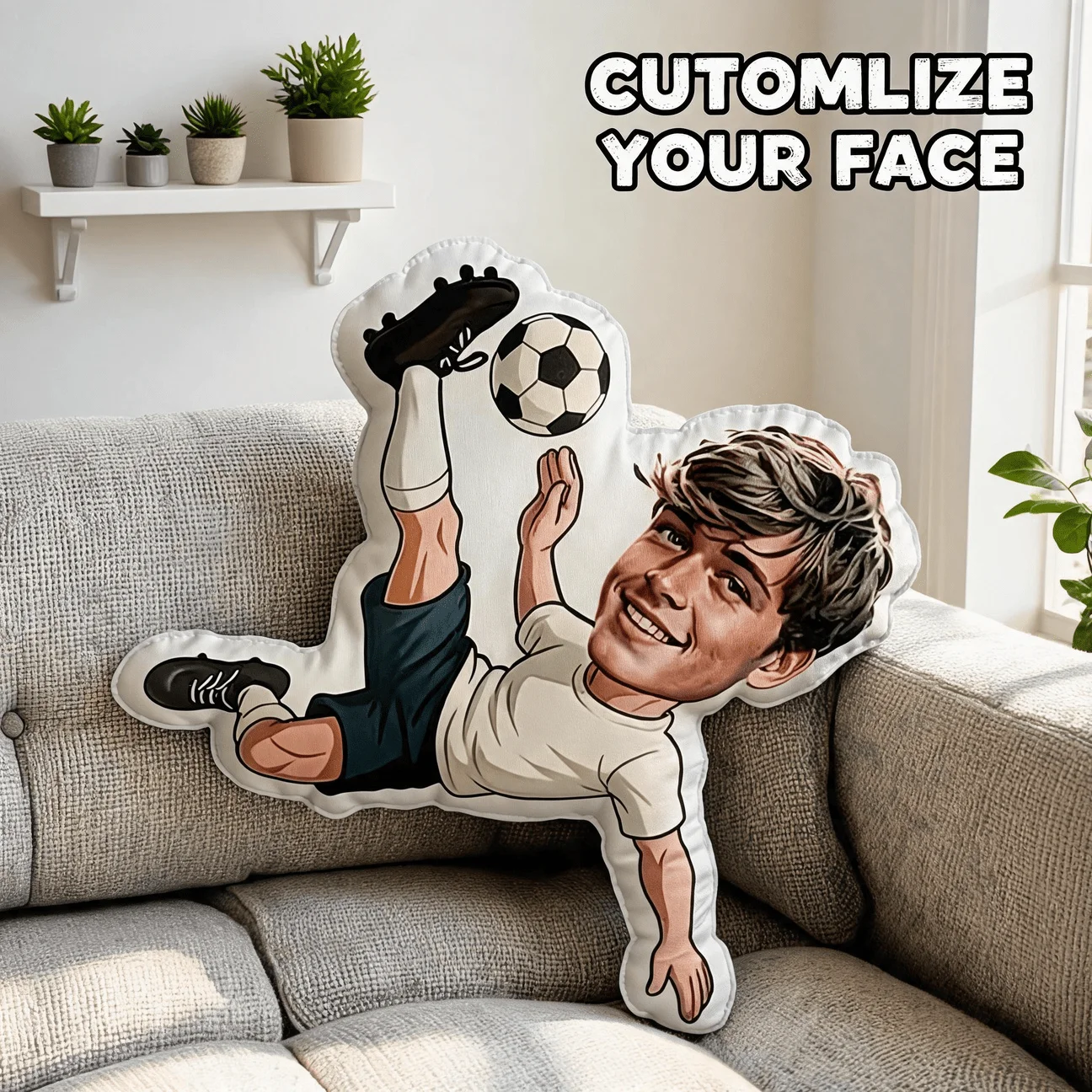 Custom Photo Shaped Pillow, Personalized Face Soccer Player Decorative Cushion, Funny Sports Theme Home Decor Accent for Sofa &