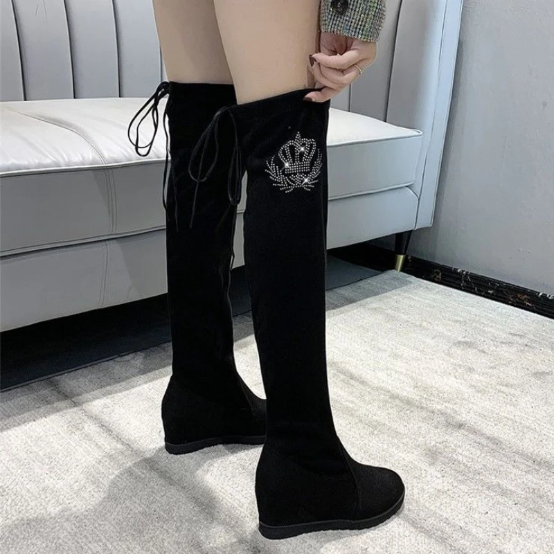 

Women's Black Flat Over The Knee Boots 2025 Autumn Winter New Insole Lift Slimming Elastic Crystal Rhinestone Fleece Lined