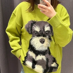 INS Luxury Plush Flocking Dog Cat Embroidery Sweaters Loose O-neck Pullover High Street Kawaii Knitwear Y2K Top Harajuku Couples