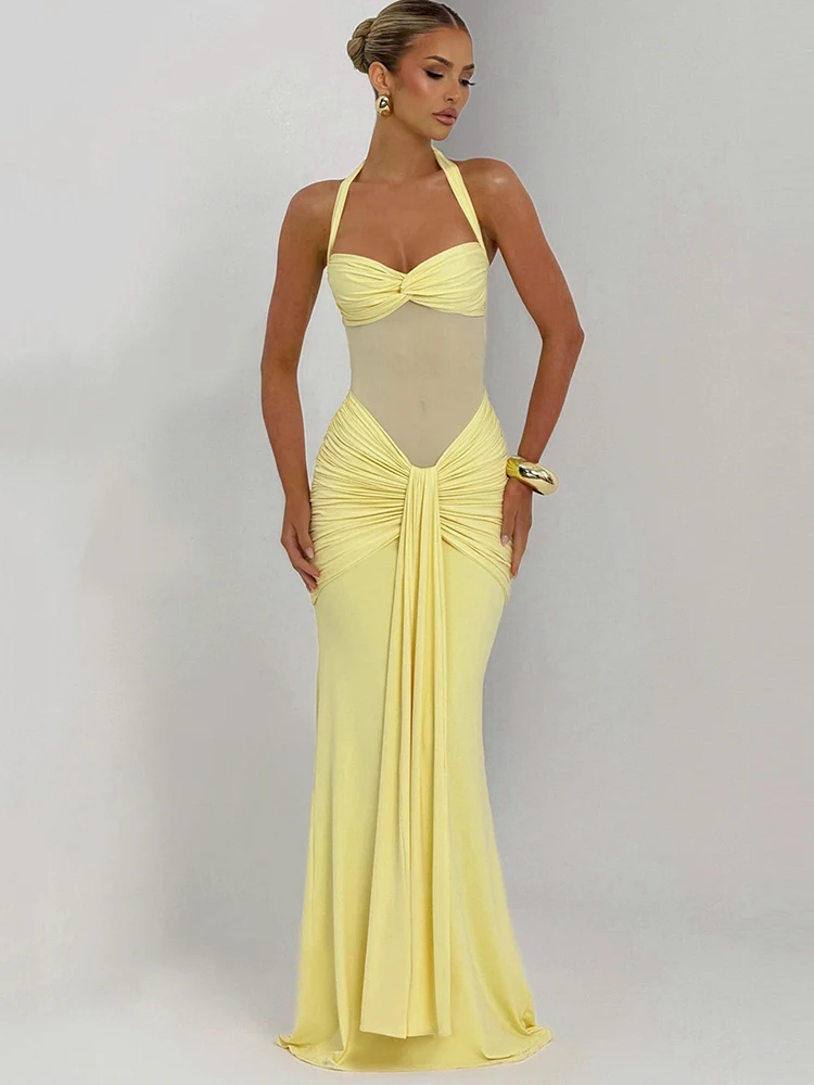 

Oniflyme Mesh Patchwork Backless Maxi Dress Women Halter Sleeveless Draped Ruched Elegant Bodycon Dresses Fashion Party Robes