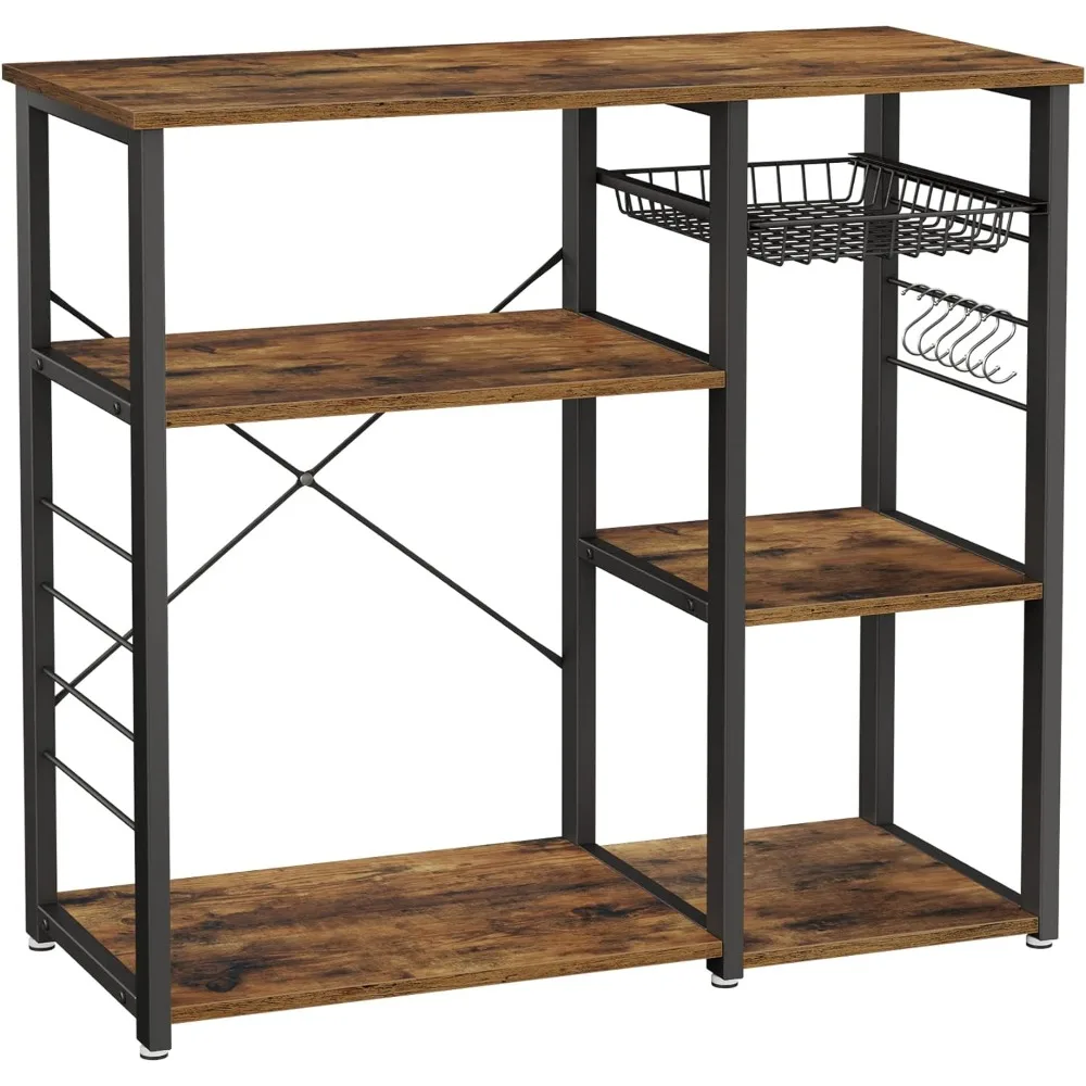 ALINRU Kitchen Baker’s Rack, Coffee Bar, Microwave Oven Stand, with Steel Frame, Wire Basket, 6 Hooks, 35.4