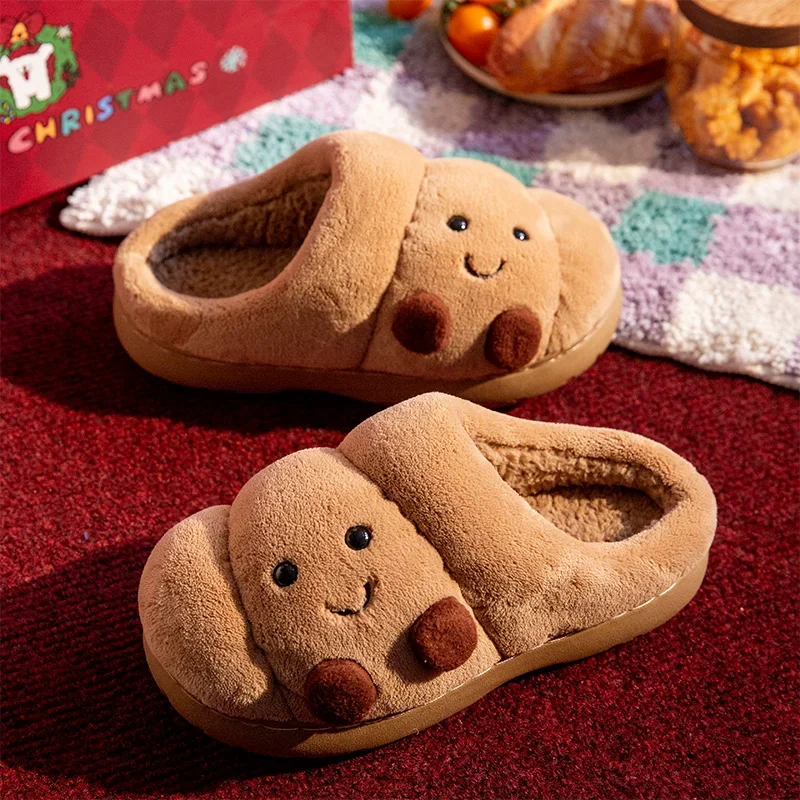 Unisex Cute Croissant Plush Slippers Autumn Winter Non-Slip TRP Fluffy Indoor Cotton Slippers Open Closed Back Available