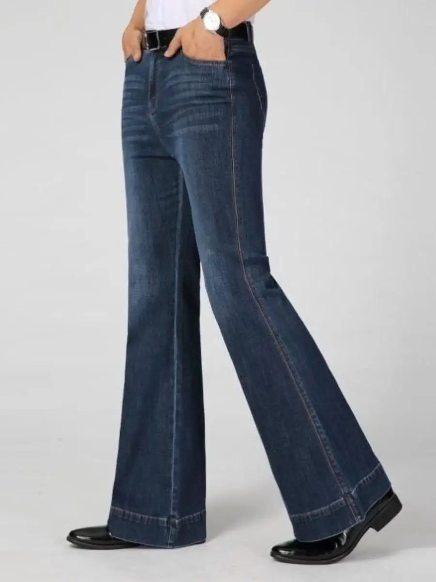 

Мужские джинсы клеш с высокой талией, эластичные, в стиле ретро, широкие брюки, танцевальные штаны, длинные брюки, свободный крой, зимняя мода