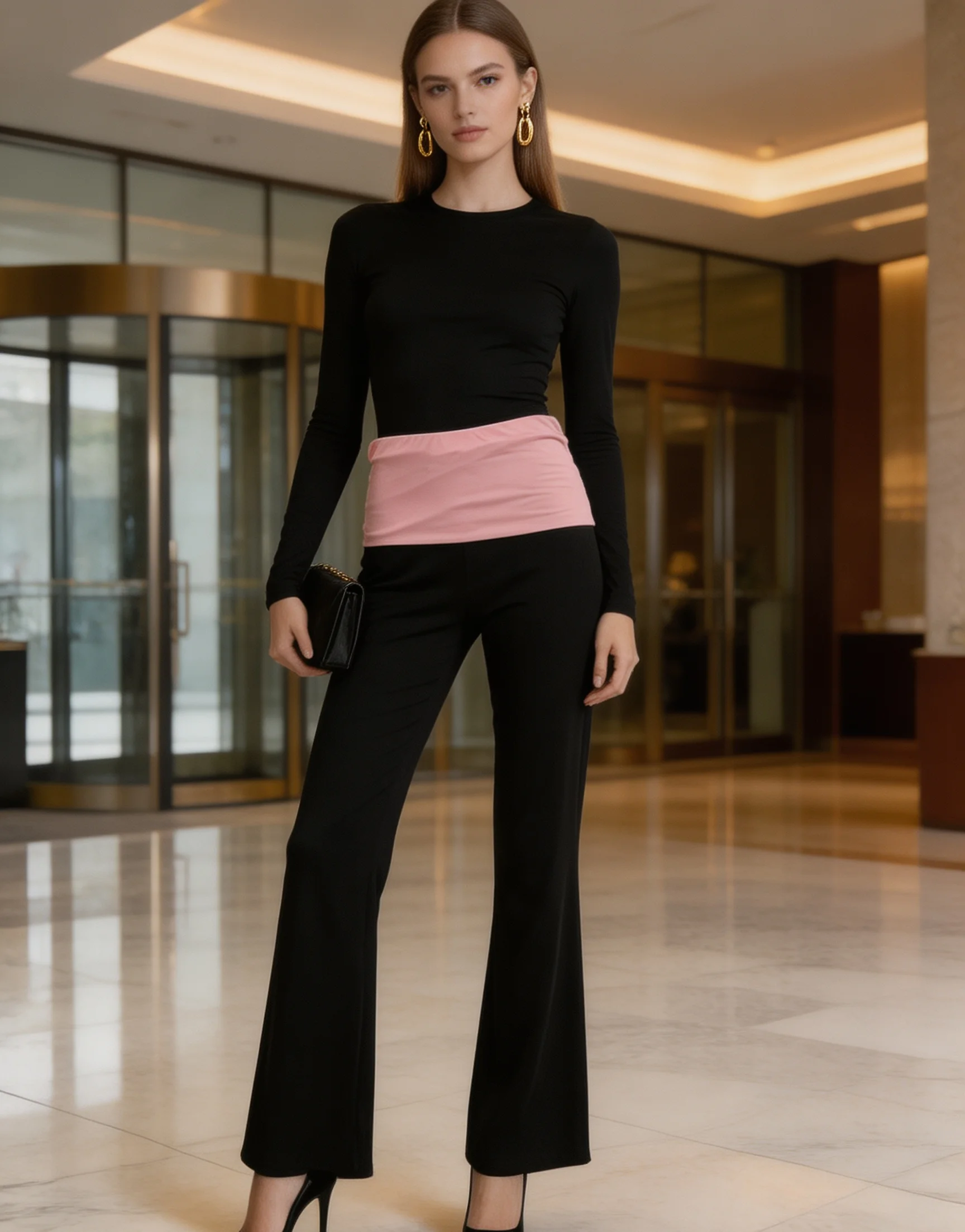 European and American Style High Waist Elastic Pink Folding Waist Black Micro-La Casual Trousers