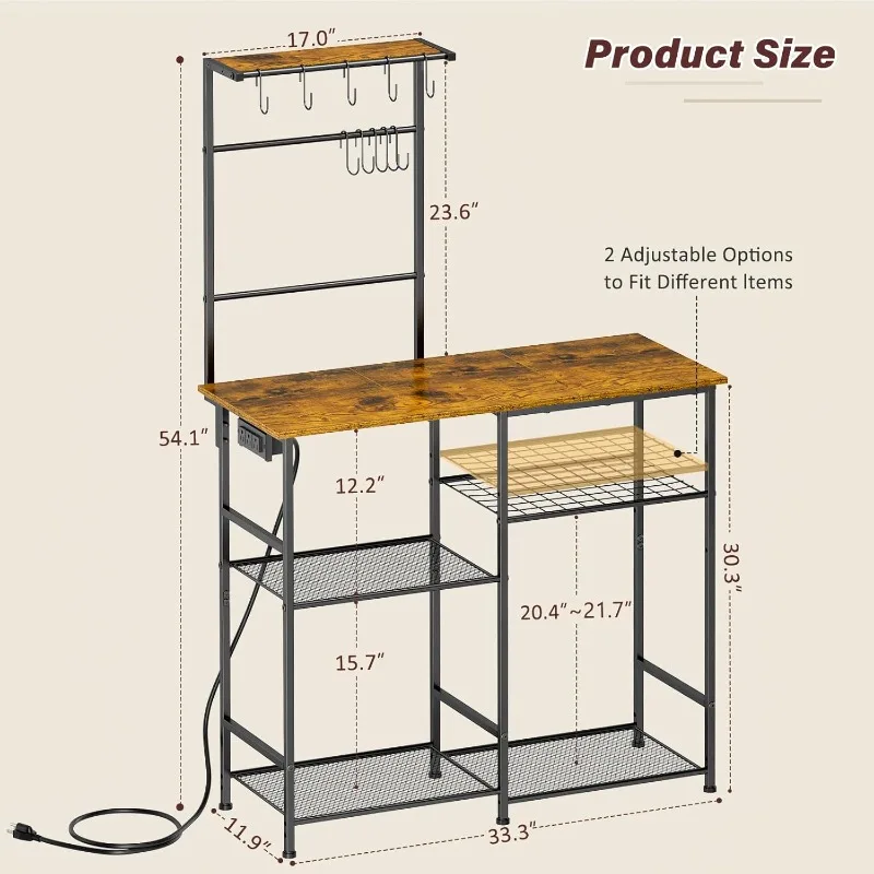 

Bakers Rack with Power Outlet, Kitchen Microwave Stand with 10 S-Shaped Hooks, 6-Tier Coffee Bar Station, Kitchen Storage
