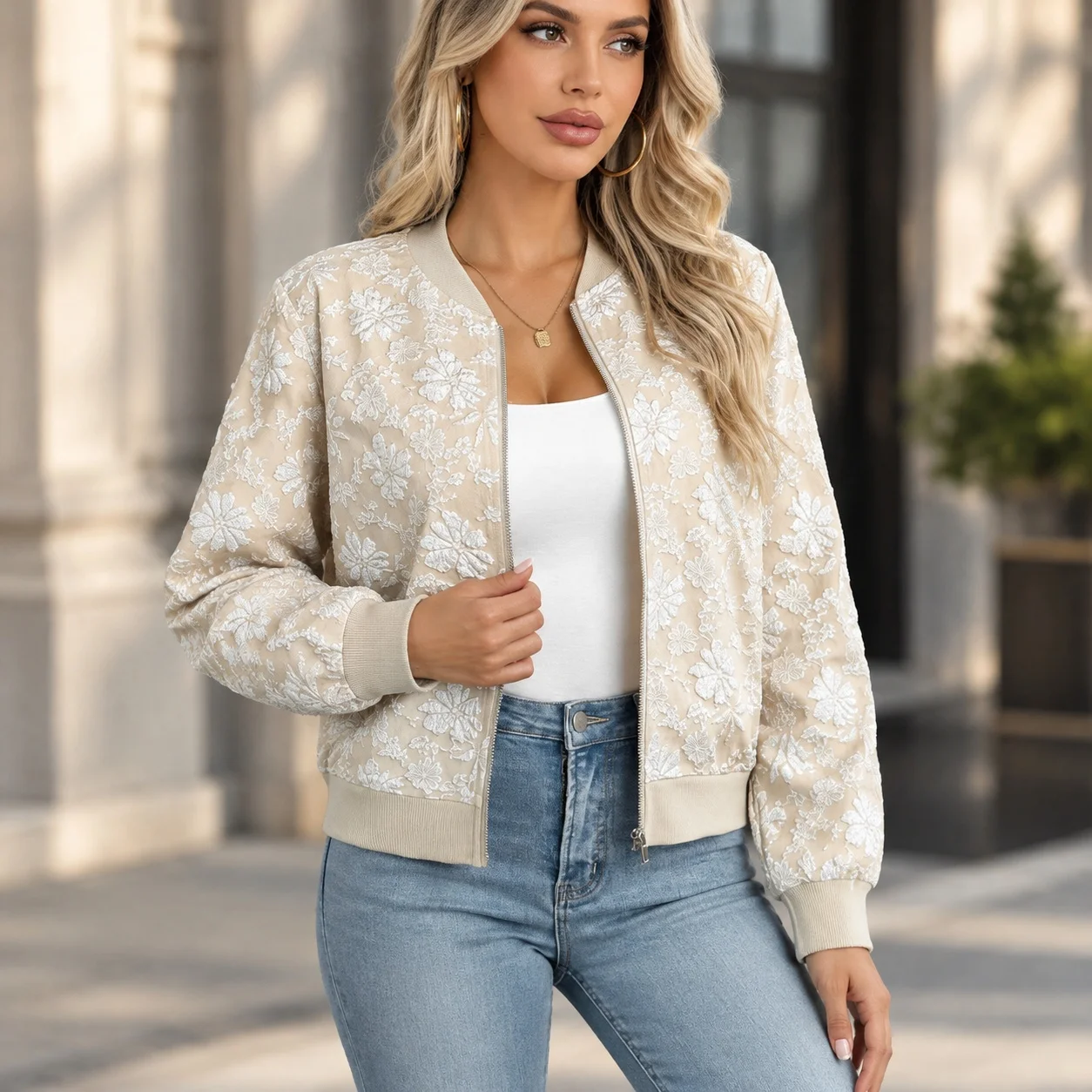 Lightweight Zipper Top Cropped Commuter Chic with Puff Embroidery Regular Fit Elegant Cross Border Style Autumn Jacket Women