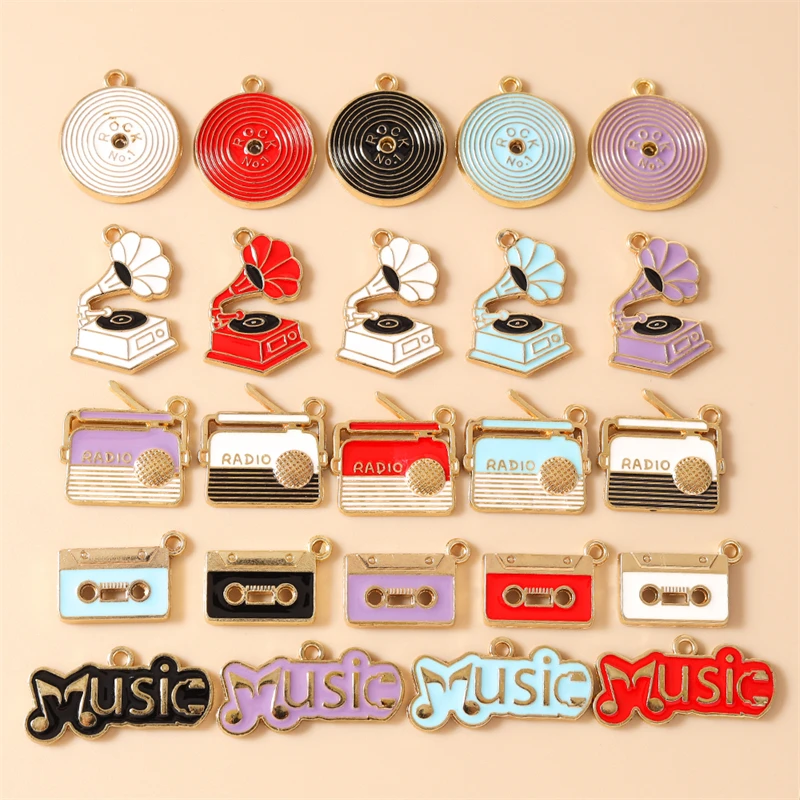 20 Stück Niedliche Emaille-Anhänger mit Musik-, Radio- und Schallplatten-Motiven für Schmuckherstellung, Ohrringe, Halsketten, Schlüsselanhänger, DIY-Bastelzubehör – Detail 1