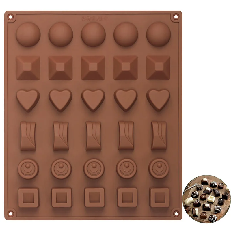 Gel de silicona para molde de chocolate, 30 cavidades, 6 formas diferentes, para hacer decoraciones de dulces / caramelos / pasteles más grandes, adecuadas para fiestas y celebraciones
