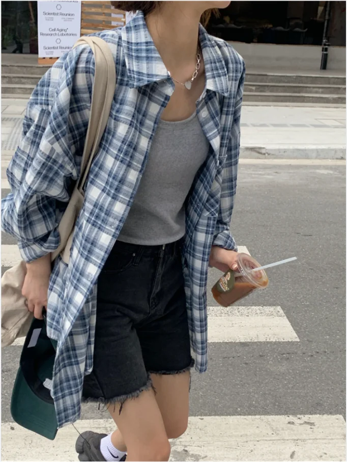 Loose Plaid Shirt Women's Spring Summer Lightweight Design Sensation Sun Protection Outerwear  Anti-Aging Korean Style