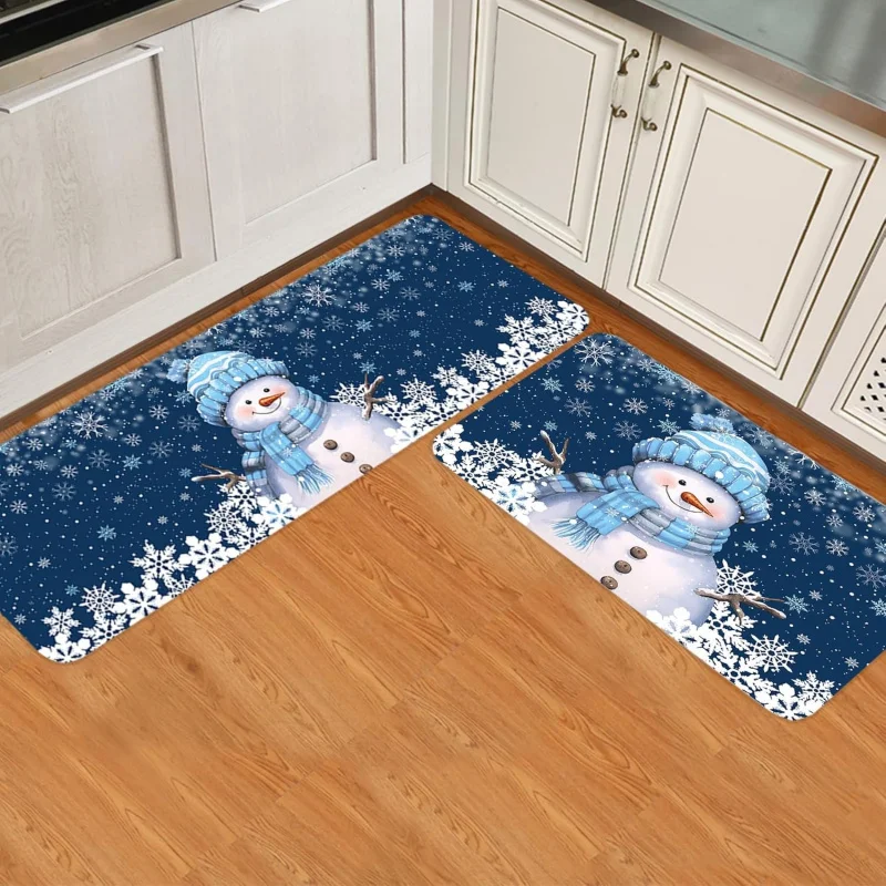 Christmas Kitchen Floor Mat 2-piece Set, Two Blue Snowman Hats, Carpet, Family Party Decoration, Door Mat, 20inX31in 18inX47in