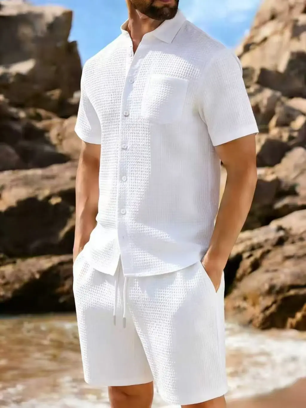 2026 New Style Summer Men's Fashion Beach Suit Outdoor Sports Casual Shirt Solid Color Loose Short Sleeve Shorts Beach Two-piece