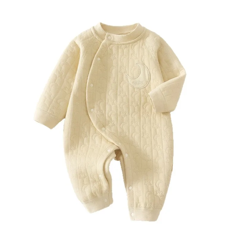 Newborn Baby Versatile Infant Moon Star Printed Oblique Button Jumpsuit Padded Thin Cotton Romper Outing Clothes for Girls Boys