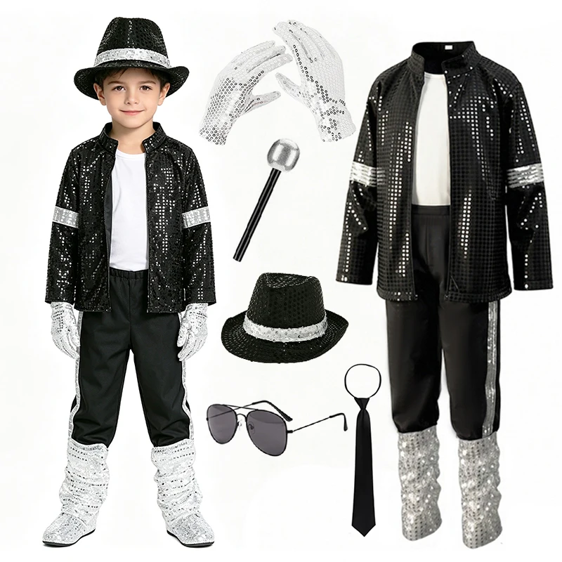 Child King Of Pop Michael Jackson Sequined Jacket Pants Silver Leg Warmers Full Accessory Kit Stage Performance Costume