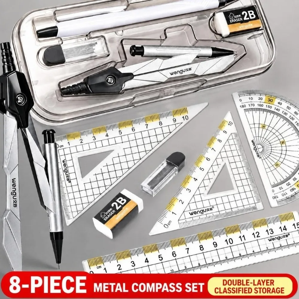 8Pcs Metal Geometry Compass Set Protractor Triangle Ruler Set Geometry Drafting Stationery Students Compass Kit Drawing Tools