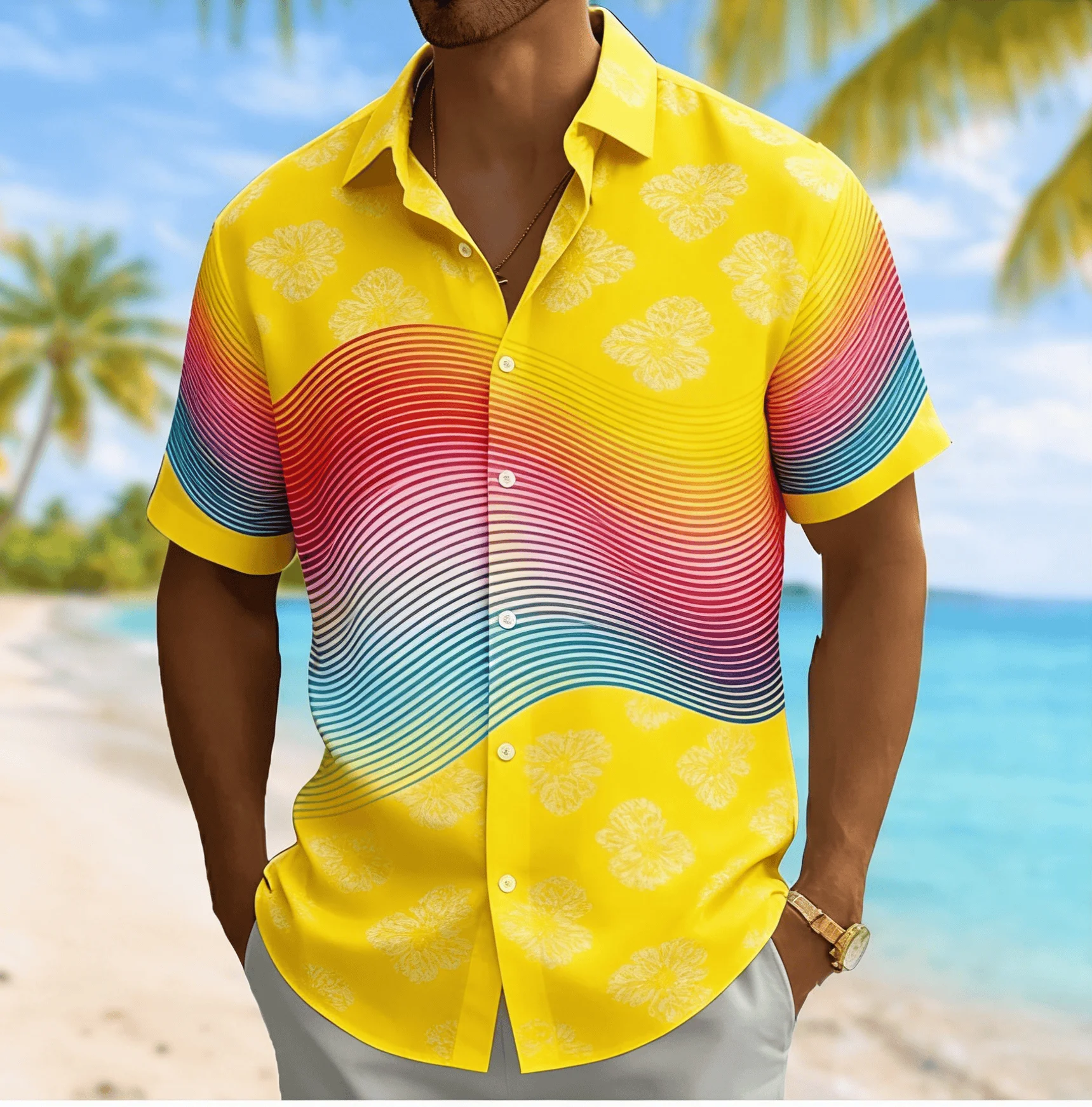 Men's Wave Line Print Short Sleeve Shirt, Spring Summer Casual Vacation Turn-Down Collar Blouse, Loose Fit Top