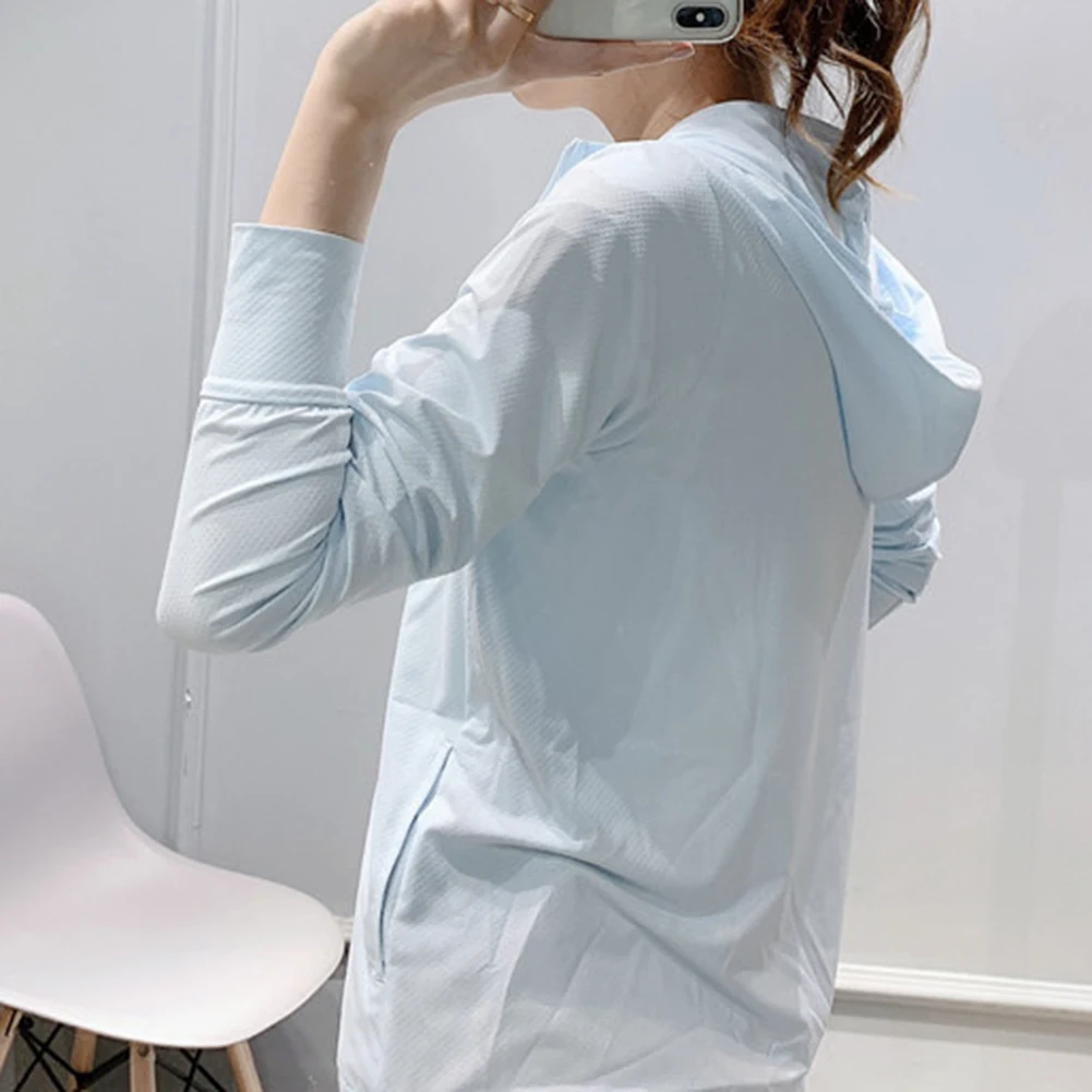 여성용 UPF50+ 자외선 차단 후드 아이스 실크 탑 - 보라색, 파란색, 흰색, 분홍색, 회색의 캐주얼 긴팔 UV 셔츠