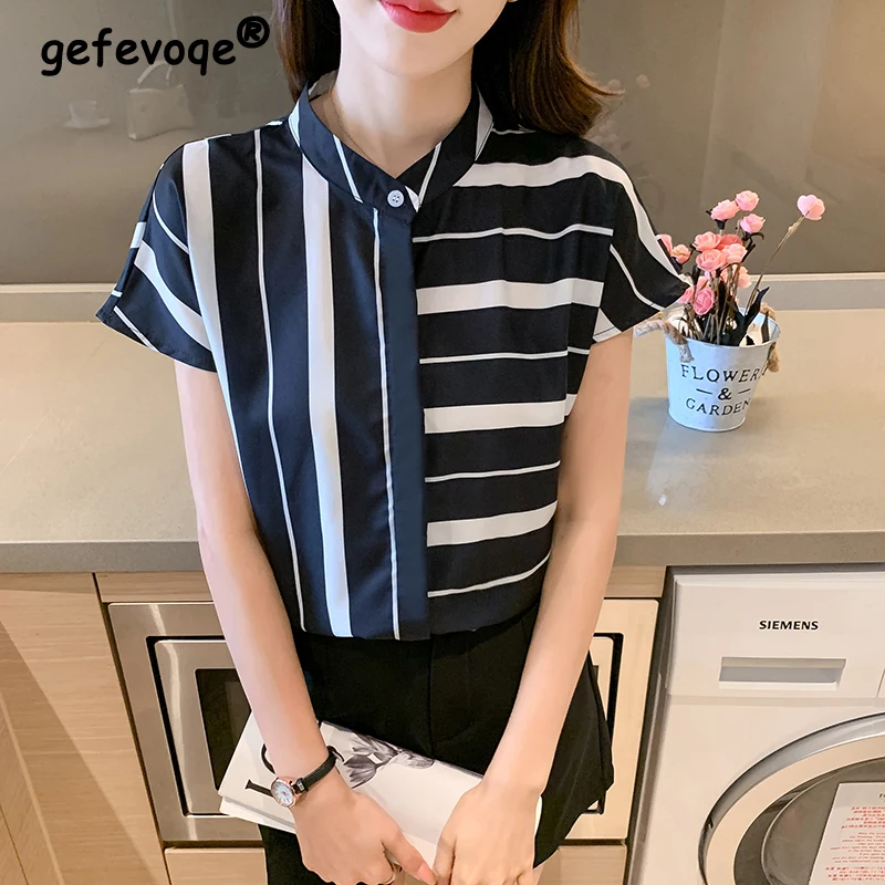 

2024 Summer Women Trendy Striped Print Sweet Chiffon Shirts Casual Stand Collar Short Sleeve Blouse Chic Loose Tops Blusas Mujer