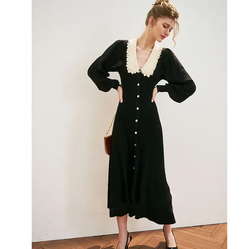 Vintage Knitted Long Sleeve Dresses Korean Elegant Fall Winter Sweet Peter Pan Collar A Line Woman Button Black Midi Dress Chic