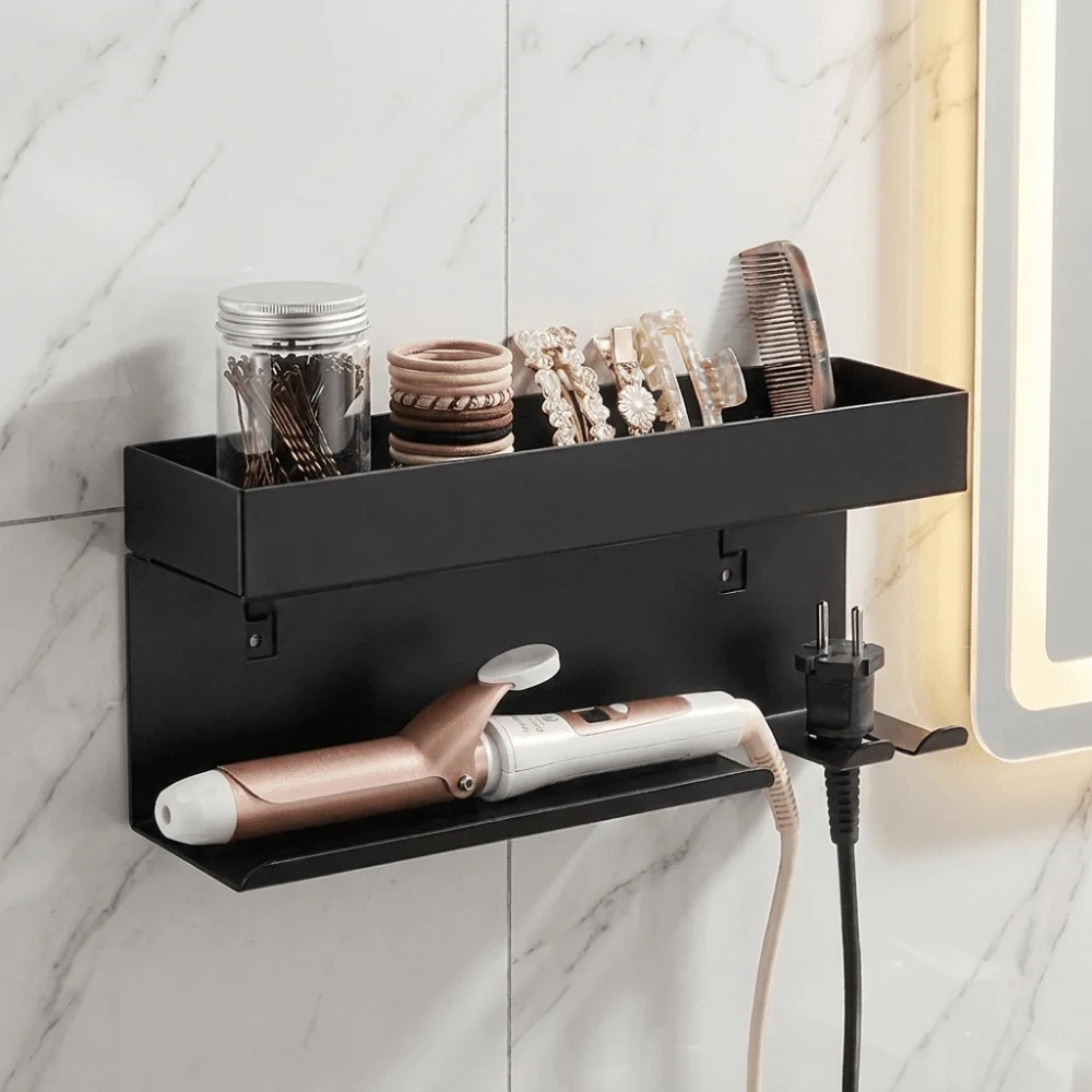 Carbon Steel Curling Iron Storage Rack Wall Mounted No Drill Hair Curler Storage Shelf Space Saving Hair Tool Holder