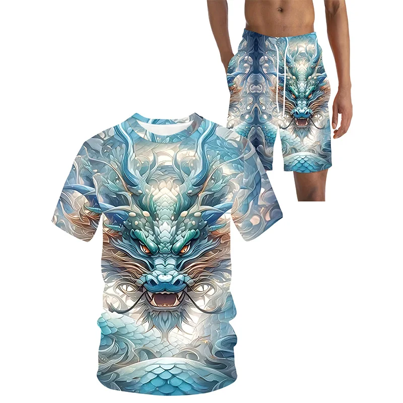 Fashion New Men\'s Sportswear Summer Casual Breathable Refreshing Suit Printed 3D Dragon Oversized Men\'s Loose Top Short Sleeve