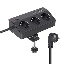 Euro specification desktop USB-C PD 20W socket with 3 sockets and 4 USB ports, 2 meter cable for home offices