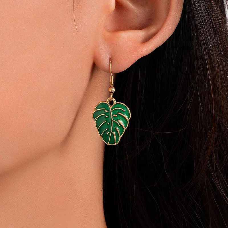 Boho Green Palm Leaf Dangle Earrings For Women Bohemia Gold Plated Fresh Monstera Leaves Statement Earring Western Jewelry Gifts