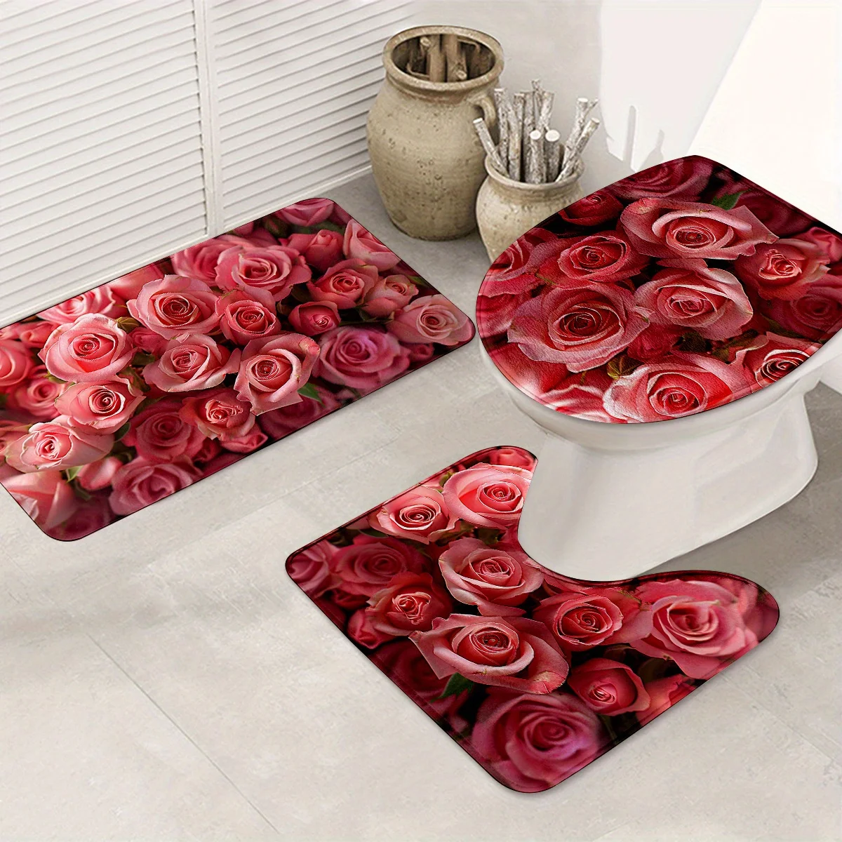 

Pink Flowers Pattern Bath Room 3Pcs/set Mats Home Warm Flannel Decorations and Accessories Floor Rugs Toilet Cover 40*60/50*80CM