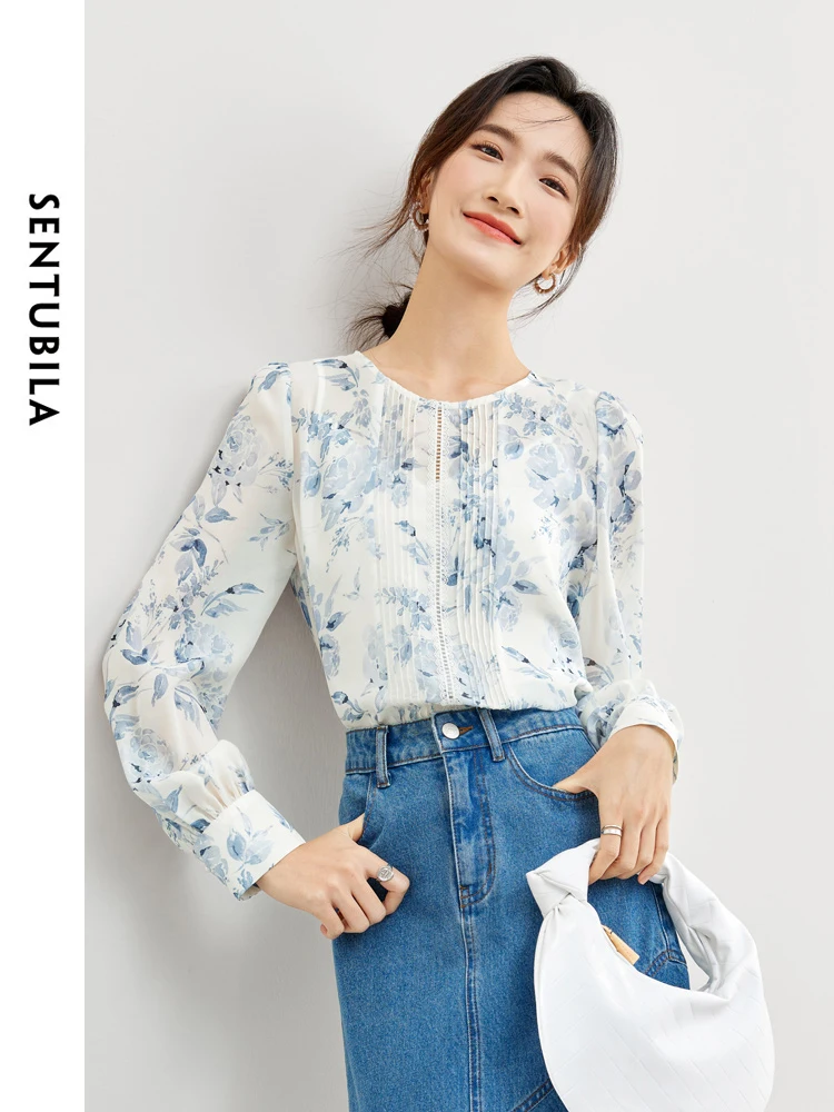 SENTUBILA 2 Piece Printed Chiffon Blouse and Camisole Top Women 2024 Chinese Style Fashion Hollow Out Straight Shirt 143V57361X