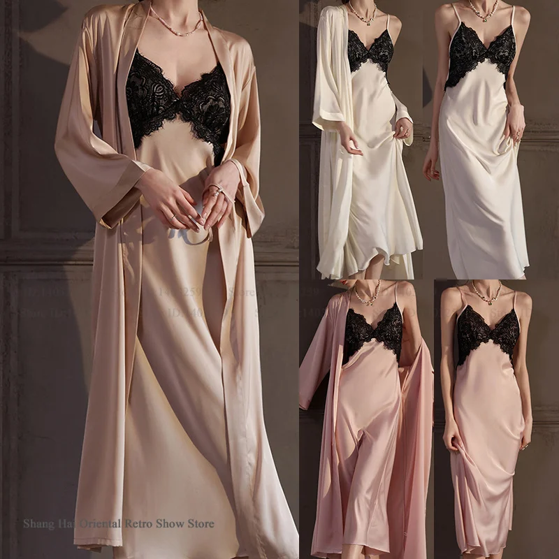 

Summer New Women's Nighty&Robe Set Loungewear SEXY Patchwork Lace Nightgown Lingerie Loose Casual Ice Silk Bathrobe Home Dress