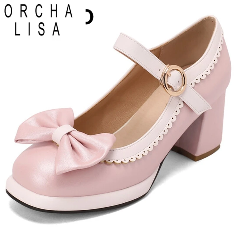 ORCHA LISA New Women Platform Pumps Round Toe Chunky Heels Bowtie Buckle Strap Sweet Big Size 30-43 Blue Black Pink Spring S3178