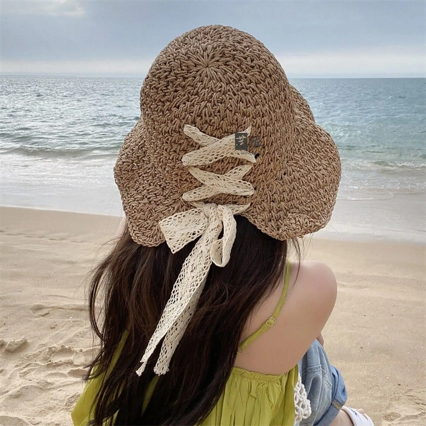 Summer Beach Straw Hat Women's Large Brim Woven Sunshade Hat Countryside Style Photography Accessory Adjustable round Top