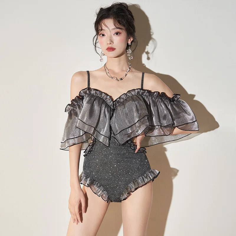 

Women's One-piece Swimsuit V-neck Female Korean Goddess Fan 2023 New Fashion Solid High Waist Steel Tray Hot Spring Swimwear