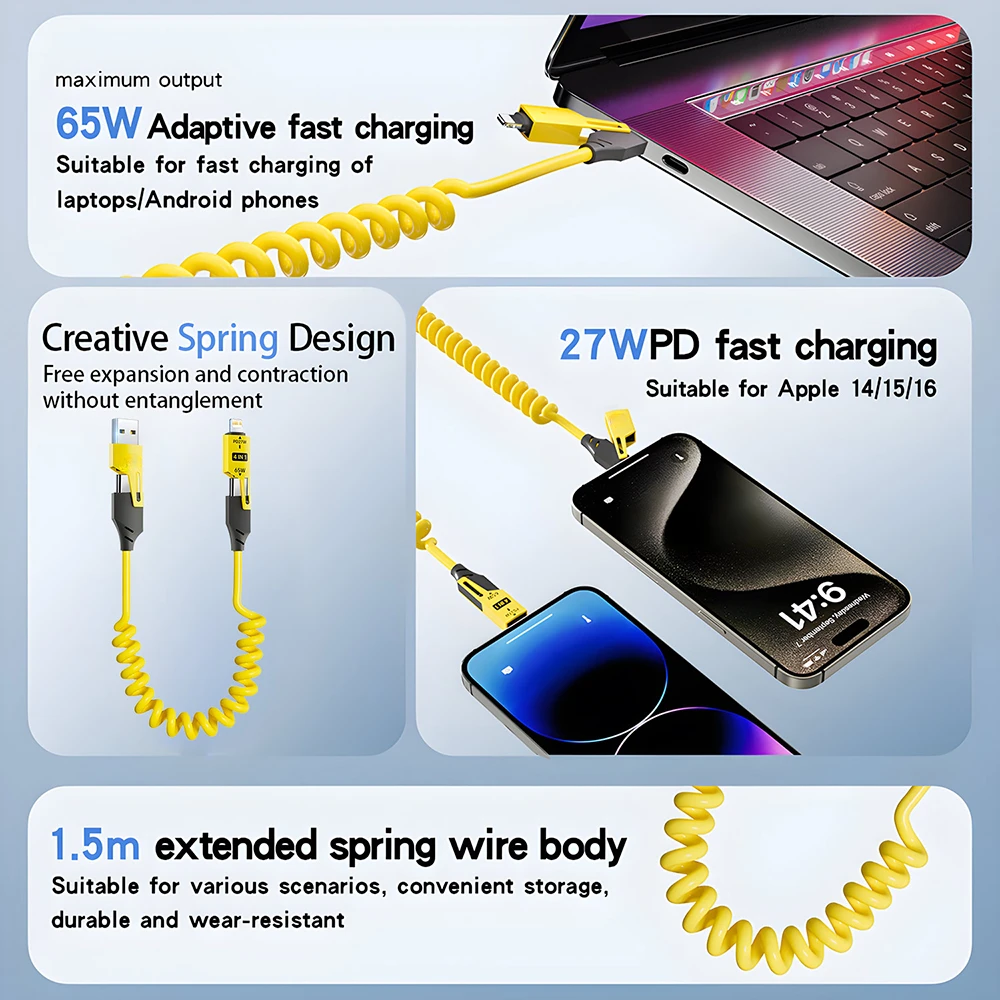 65W 4 in 1 Fast Charging Cable Car Spring Telescopic USB Type C Data Cable for iphone 15 16 Samsung Huawei Xiaomi Charger Wire