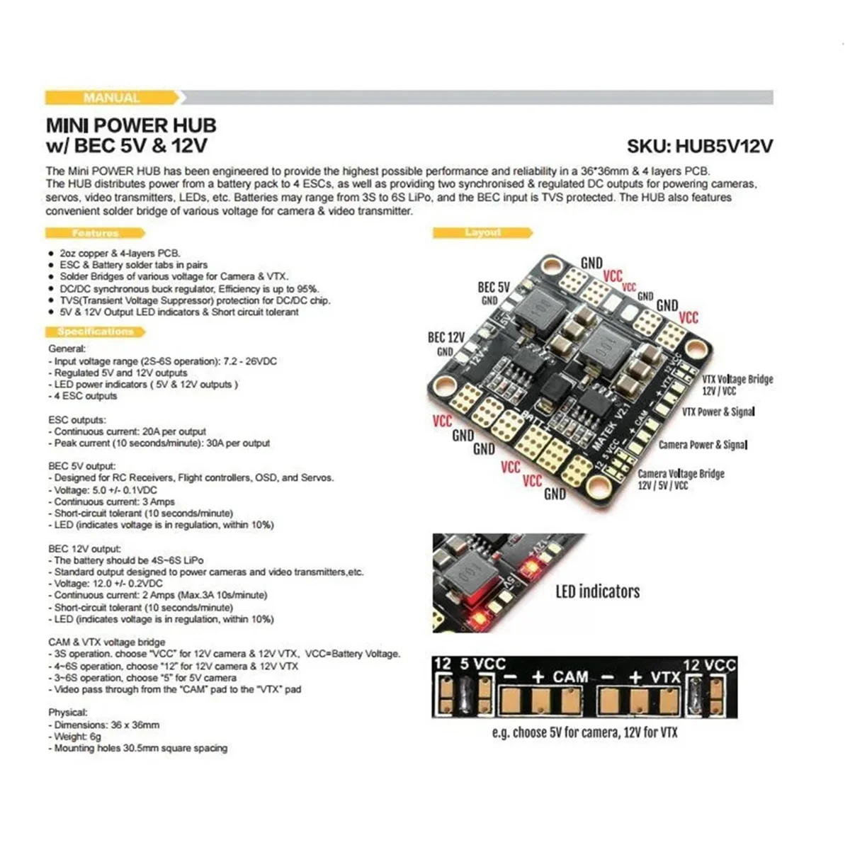 For Matek Mini Power Hub Power Distribution Board PDB with BEC 5V 12V