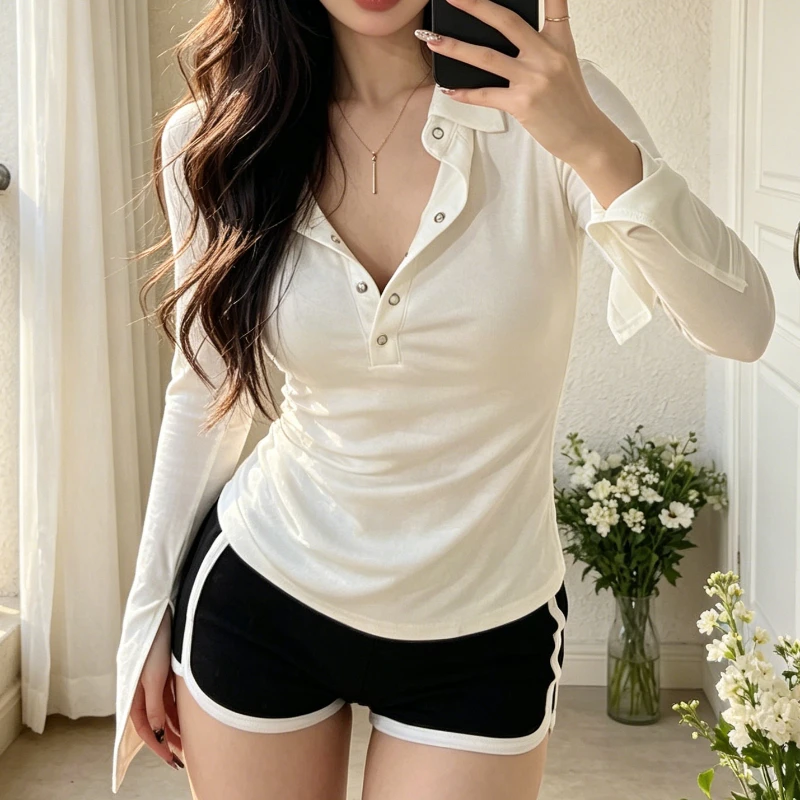 Korean Style 2026 Spring Polo Collar Sexy Slim Fit Solid Color Women Long Sleeve T-shits Hot Girl Chic Tee Sutumn Casual Tops