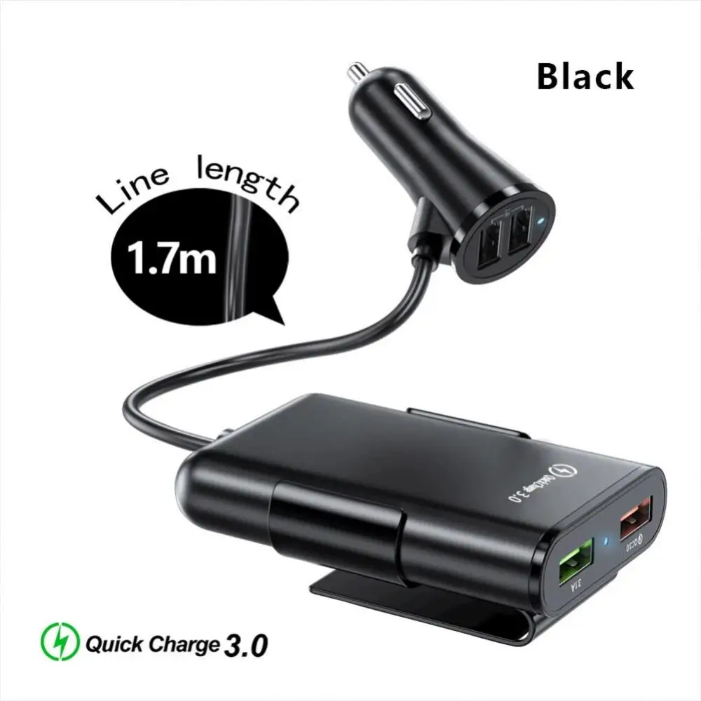 Car Charger 4 Port USB Hub Extending 1.7m/5.6ft Extension Cable Passenger Front Back Car Fast Charging