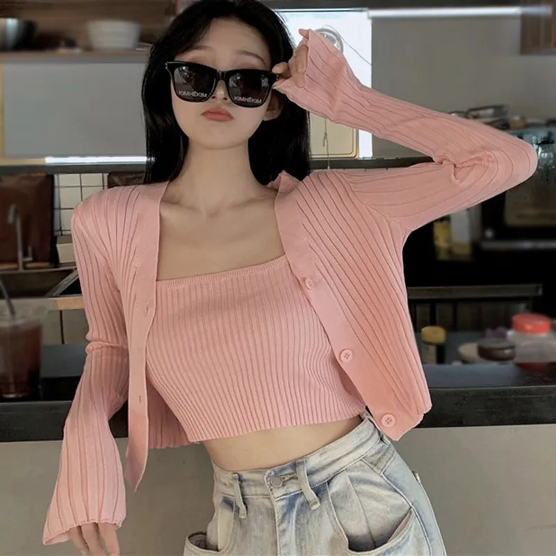 2PCS Set Sling Short Knitted Cardigan For Woman Sweaters Femme Chandails Pull  Over Tops