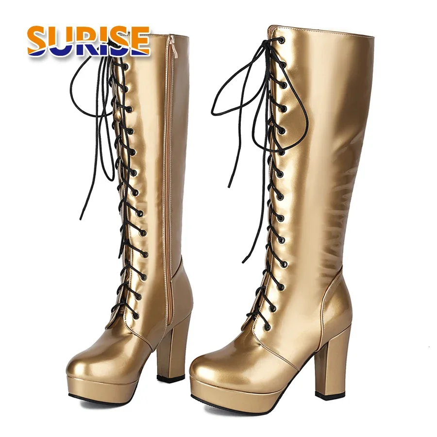 Gold Lace-up Patent Leather Platform Knee High Boots Women Chunky Heel Sexy Red Silver Dress Party Lady Zipper Long Riding Boots