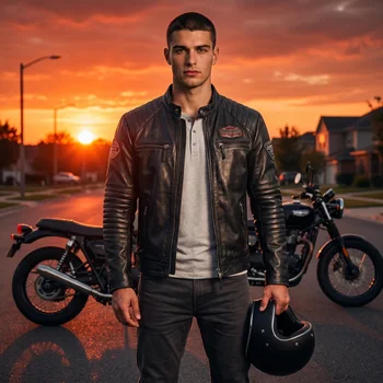 Genuine Cowhide Leather Biker Jacket Men's Slim Fit Short Motorcycle Coat Embroidery
