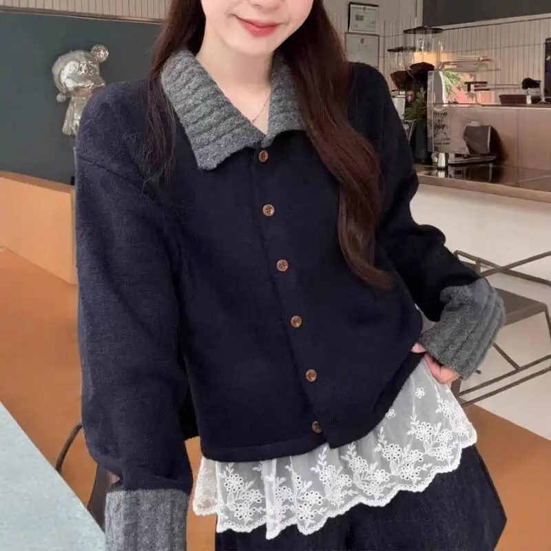 Fashion Striped Sweater Women Autumn New Retro Color Block Casual Polo Collar Versatile Knit Cardigan Top Cotton Knit Sweater