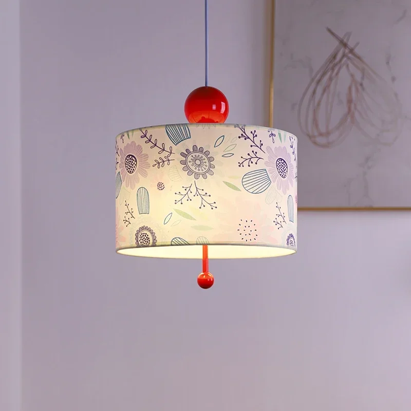 SANDYHA Modern Retro Cylindrical Pendant Light LED Lamp Apply To Bedroom Study Fabric Printed Home Decoration Lighting Fixtures