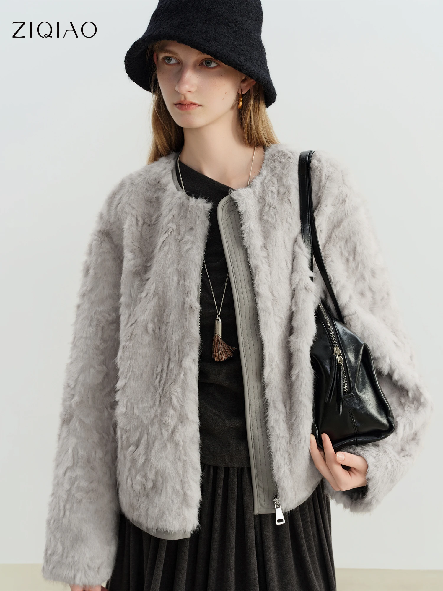 

ZIQIAO Winter 2025 Women's Korean Style Faux Fur Jacket - Short Plush Fur-Trimmed Cozy Outerwear Stand Collar Casual Elegance