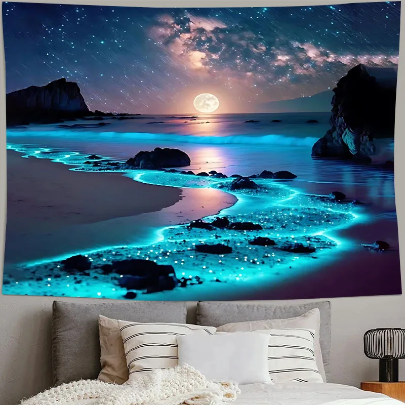 Luminous Moonlight Beach Tapestry - Glow-in-the-Dark Starry Sea Wall Art for Bedroom/Living Room Decor