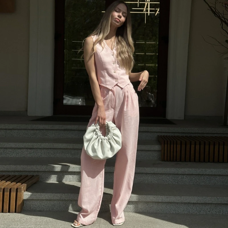 

Typhaland Commute Vest Long Pants Set Women's V-Neck Sleeveless Top High-Waisted Wide-Leg Shorts 2-Piece Set Summer Casual Suit