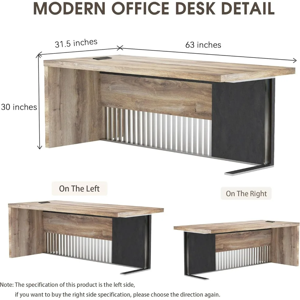 63 '' Modern Executive Office Desk, Computer Writing Desk, Business Furniture Desk Workstation Stainless Steels Sturdy Frame