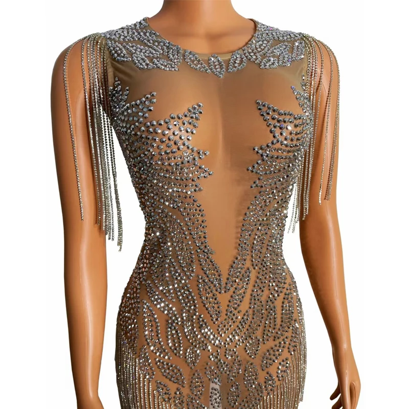 Kostium do jazzu dla grupy kobiet, seksowna sukienka z siateczki, zdobiona cyrkoniami i frędzlami, sukienka na imprezę do baru, klubu nocnego, kostium do tańca jazzowego na scenę XS10428
