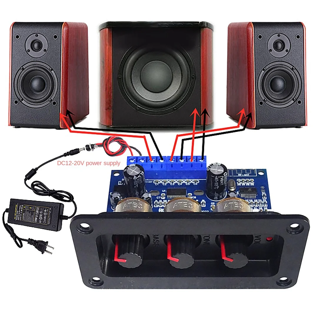 Placa de Amplificador de Potência Digital com Controle Remoto, 2.1 Canais, Subwoofer Classe D, DC 12-20V, 2x25W + 50W, BT5.0