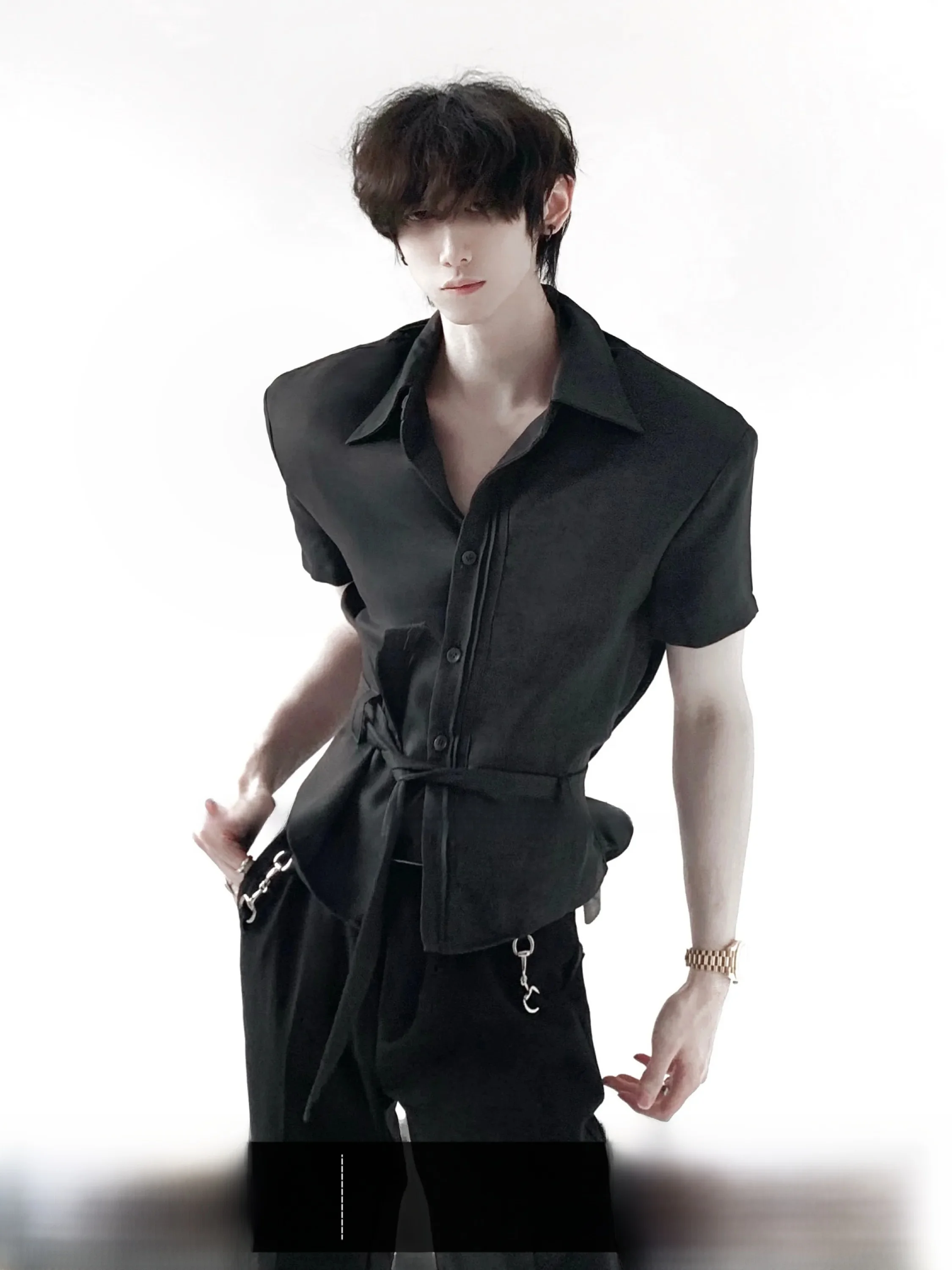 Elegant Old Money Style Linen Shirt Tie Shoulder Pads Short Sleeve Cleanfit Men's High Intelligence Sensation Autumn Mountain...