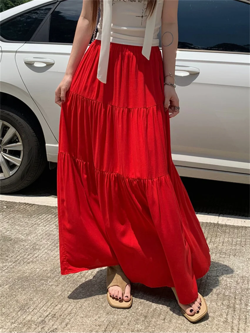 

Alien Kitty Red Cake Long Skirts Women Chic Loose Party Casual Summer New Solid High Waist Streetwear All Match Gentle OL